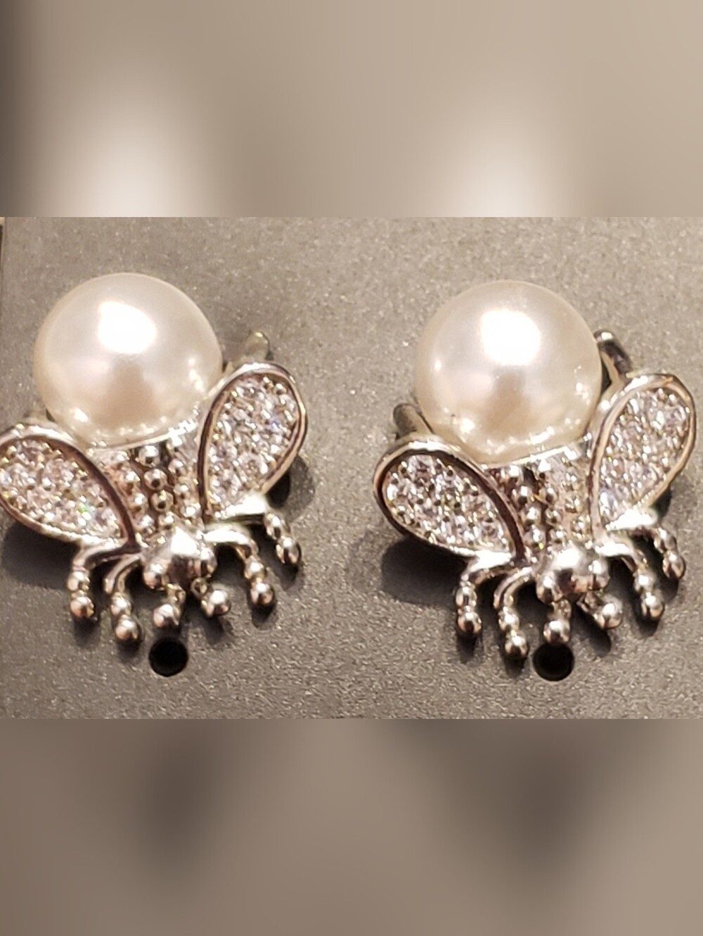 Delicate Honeybee Earrings For Pierced Ears, Faux Pearls & Rhinestone Pavé Wings
